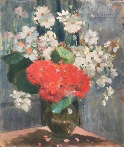 Clémence Louise BURDEAU (1891-1983) Bouquet de géraniums et ...