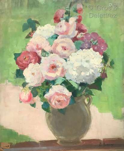 Clémence Louise BURDEAU (1891-1983) Bouquet de roses et géra...