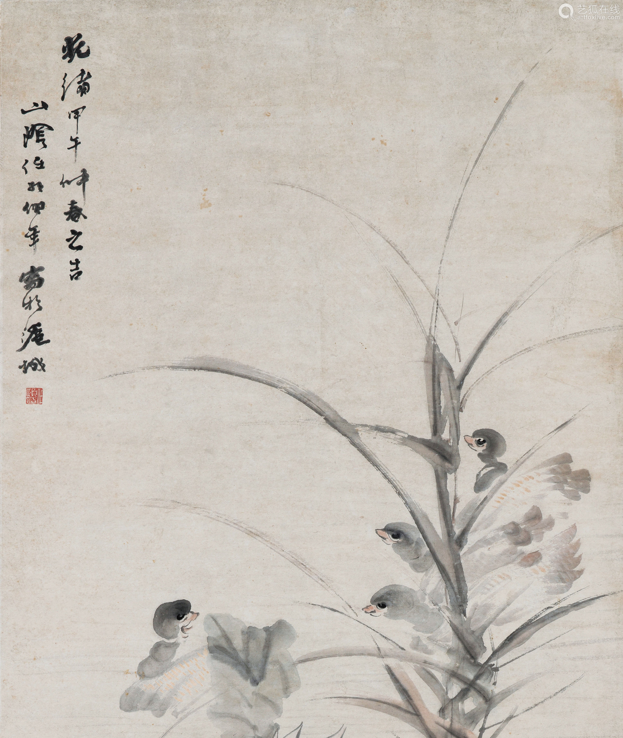 任伯年 荷花水禽 設色紙本 立軸 1894年作