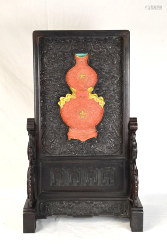Chinese Carved Zitan Wood Table Screen