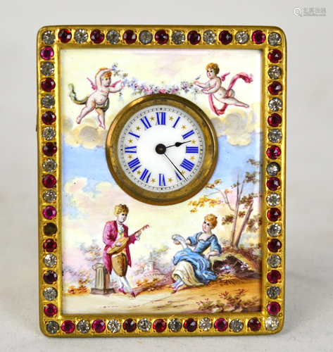 Venetian Enamel Bronze Table Clock w. Gem Stones