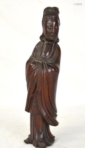 Chinese Carved Hard Wood Guanyin Figure