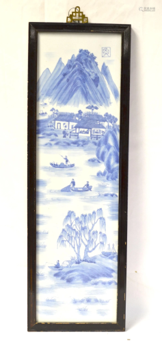 Chinese Framed Blue & White Plaque