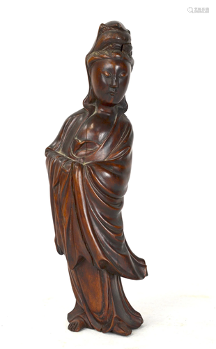 Chinese Carved Hard Wood Guanyin Figure