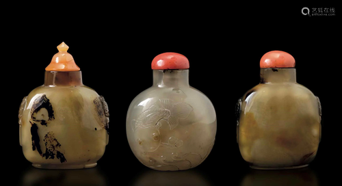 Three agate snuff bottles, China, 1800s