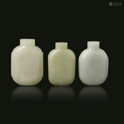 Three white jade snuff bottles, China, 1800s