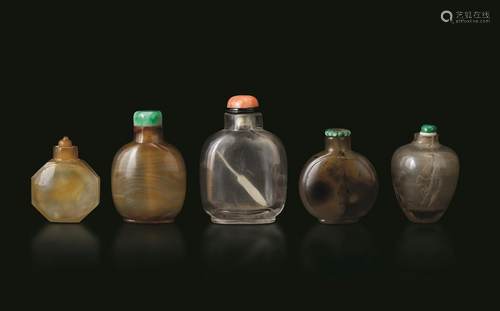 Five hardstone snuff bottles, China, Qing Dynasty