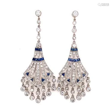 Platinum Diamond Sapphire Chandelier Earrings