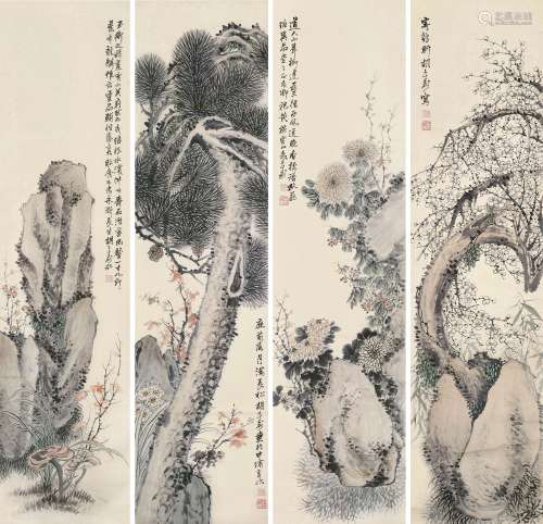 胡公寿 1823～1886  花石  四屏 立轴  设色纸本