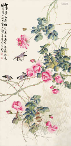 郑集宾 1890～1965  月季飞雀  立轴  设色纸本