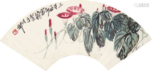 齐白石 1864～1957  牵牛花  扇片  设色纸本