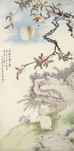 胡汀鹭 1884～1943  花好月圆人寿  立轴  设色纸本