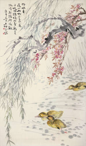 王师子 1885～1950  柳塘游鸭  镜片  设色纸本