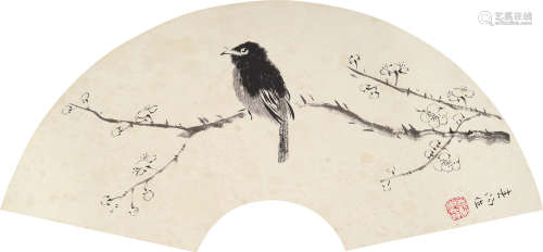 霍春阳 b.1946  梅花小鸟  扇片  水墨纸本