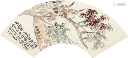 王一亭 1867～1938  双雀图  扇片  设色纸本