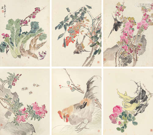 沙馥 1831～1906  花鸟蔬果  册页 （六开） 设色纸本