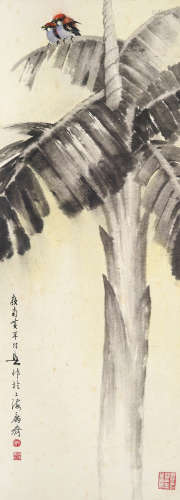 黄幻吾 1906～1985  芭蕉双雀  立轴  设色纸本