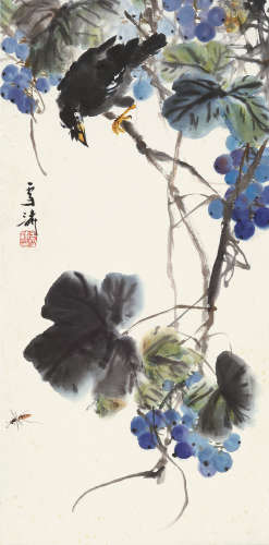 王雪涛 1903～1982  葡萄八哥  立轴  设色纸本