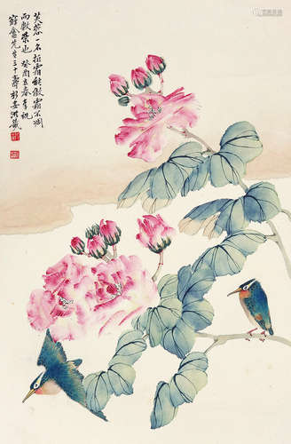 洪庶安 1887～?  芙蓉双雀  立轴  设色纸本