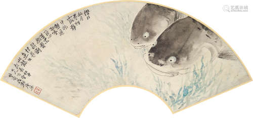 居巢 1811～1889  双鱼  扇片  设色纸本