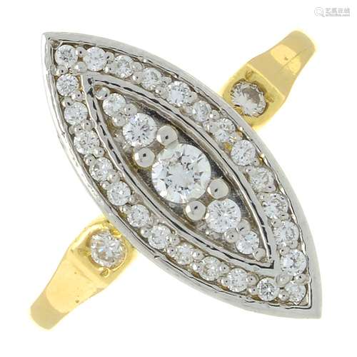 A brilliant-cut diamond marquise-shape cluster ring.Estimate...