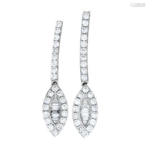 A pair of vari-cut diamond drop earrings.Estimated total dia...