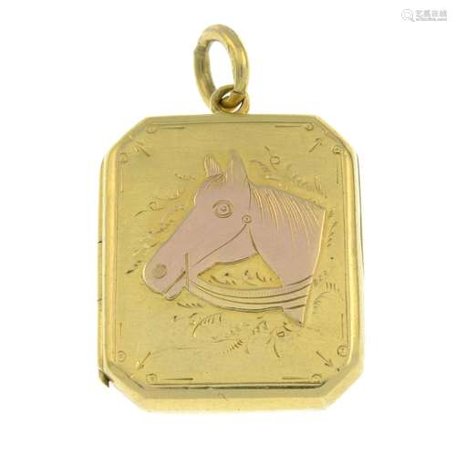 An early 20th century gold rectangular-shape horse locket.Le...