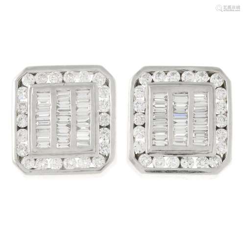 A pair of vari-cut diamond square-shape earrings.Estimated t...