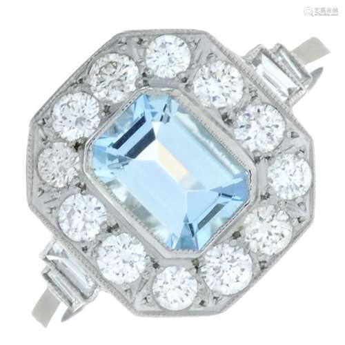 An aquamarine and brilliant-cut diamond cluster ring.Aquamar...