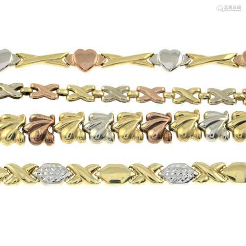 (56765) Two 9ct gold tri-colour bracelets and two 9ct gold b...