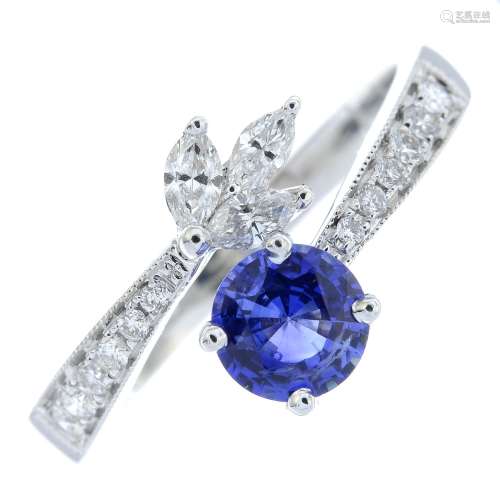 A sapphire, brilliant-cut and pear-shape diamond dress ring....