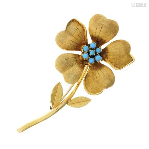 A mid 20th century 18ct gold turquoise floral brooch.Stamped...