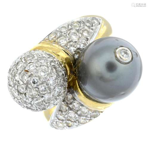 A cultured pearl and brilliant-cut diamond dress ring.