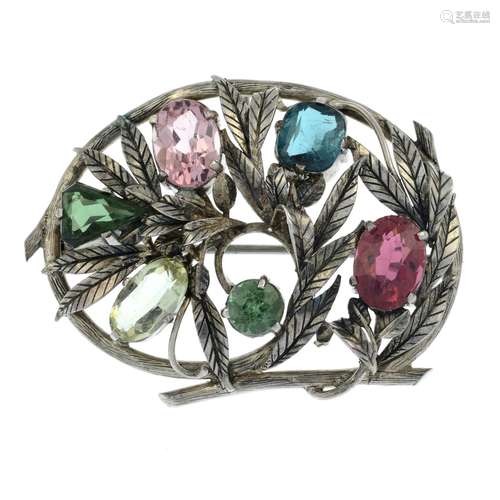 An Arts and Crafts silver vari-hue tourmaline brooch, Attrib...