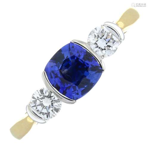 An 18ct gold sapphire and brilliant-cut diamond three-stone ...