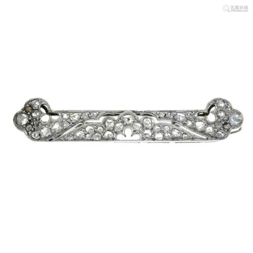 An Art Deco gold and platinum rose-cut diamond brooch.Length...