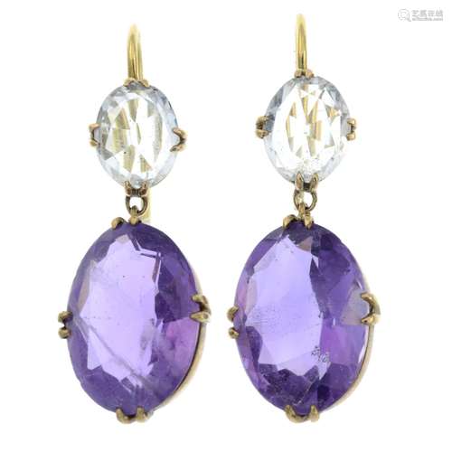 A pair of rock crystal and amethyst drop earrings.