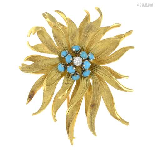 A mid 20th century 18ct gold and platinum, turquoise and dia...