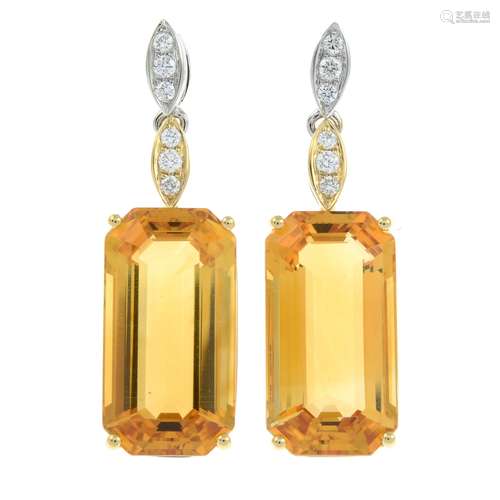 A pair of citrine and brilliant-cut diamond drop earrings.To...