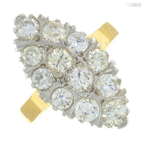 An 18ct gold diamond marquise-shape cluster ring.Estimated t...