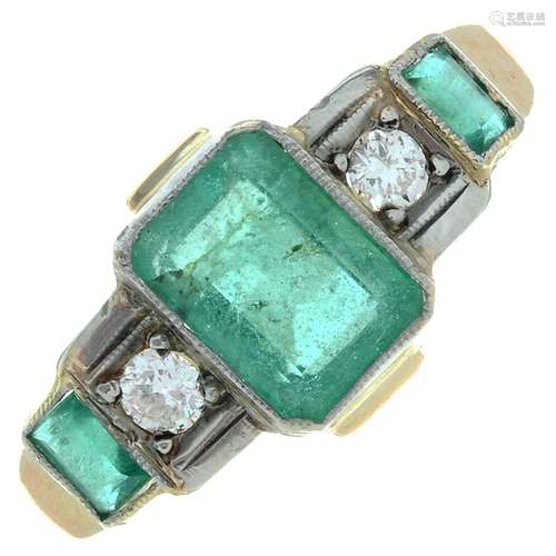 An emerald and brilliant-cut diamond five-stone ring.Princip...