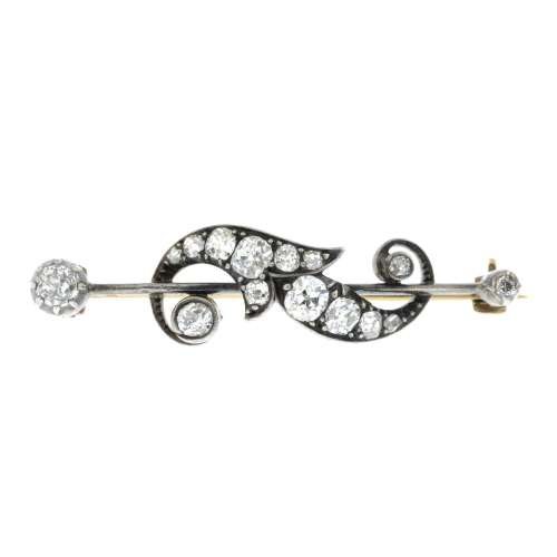 An Art Nouveau 9ct gold and silver old-cut diamond bar brooc...