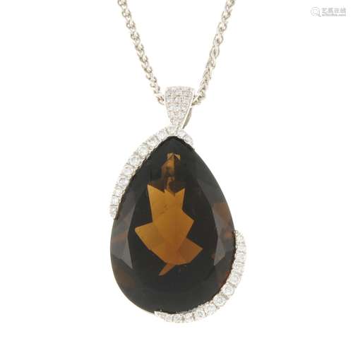 A smoky quartz and brilliant-cut diamond pendant,