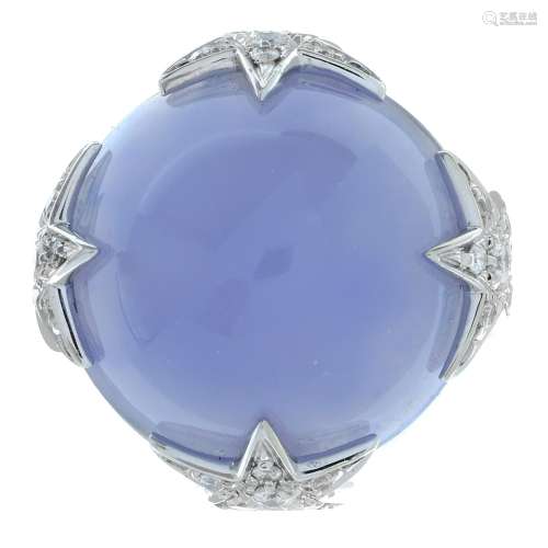 A blue chalcedony and brilliant-cut diamond ring,