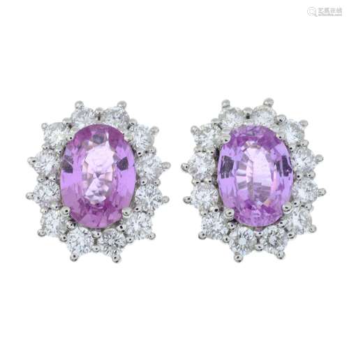 A pair of 18ct gold pink sapphire and brilliant-cut diamond ...