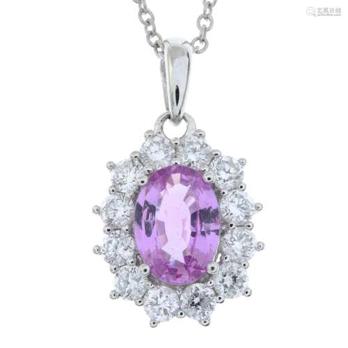 An 18ct gold pink sapphire and brilliant-cut diamond pendant...