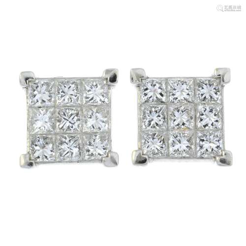 A pair of 18ct gold square-shape diamond cluster earrings.Es...