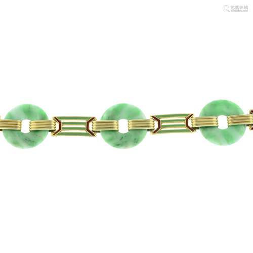 A mid 20th century 14ct gold jade Pi bracelet,