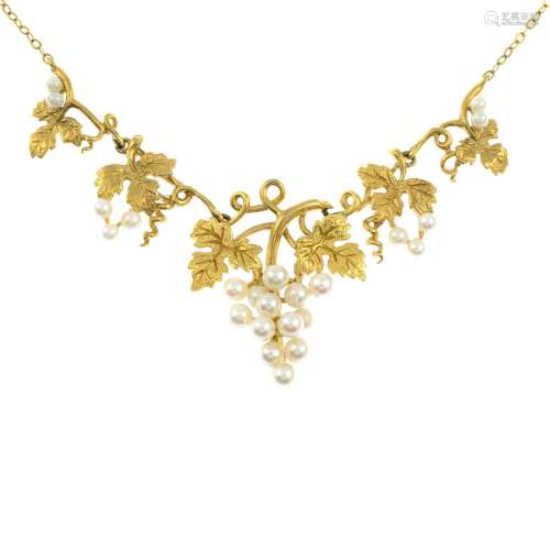 A 9ct gold seed pearl grapevine necklace, with integral chai...