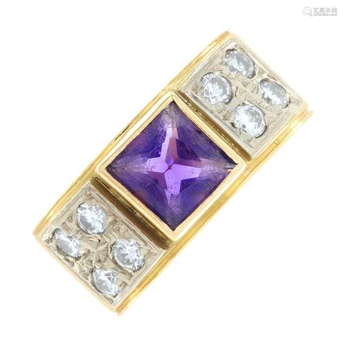 An amethyst and brilliant-cut diamond band ring.Amethyst cal...